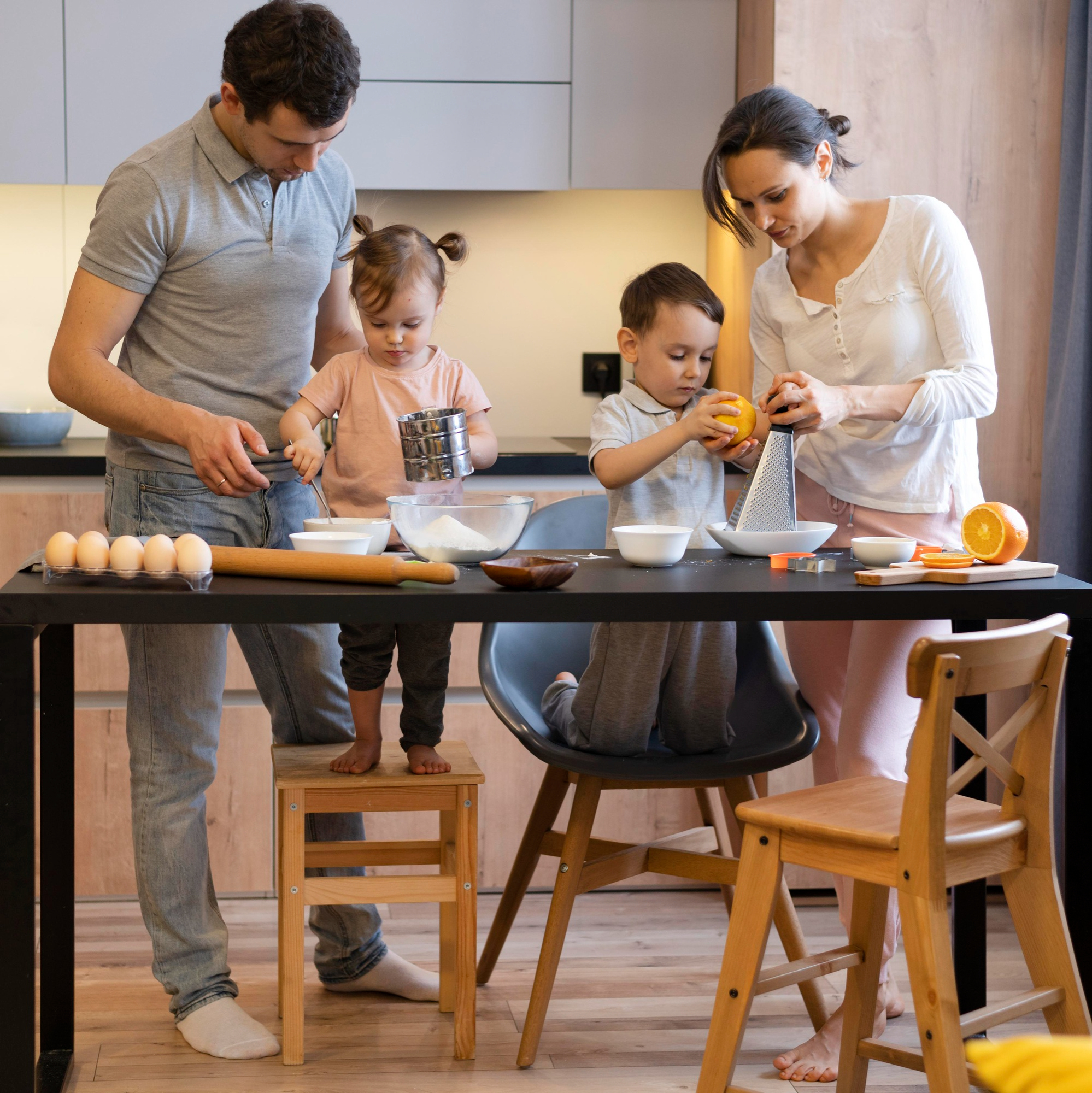 Atelier famille avec une diététicienne parents enfants dans une cuisine pour préparer le repas et apprendre les aliments, instant convivial